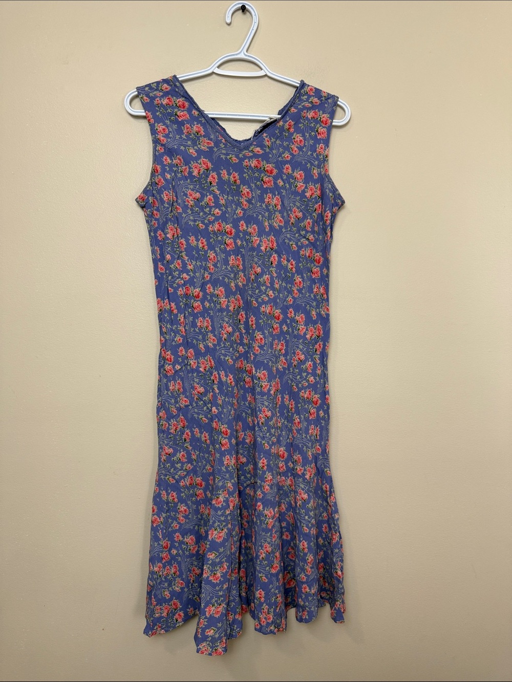 April Cornell Blue Floral Midi Dress with Red Roses size L